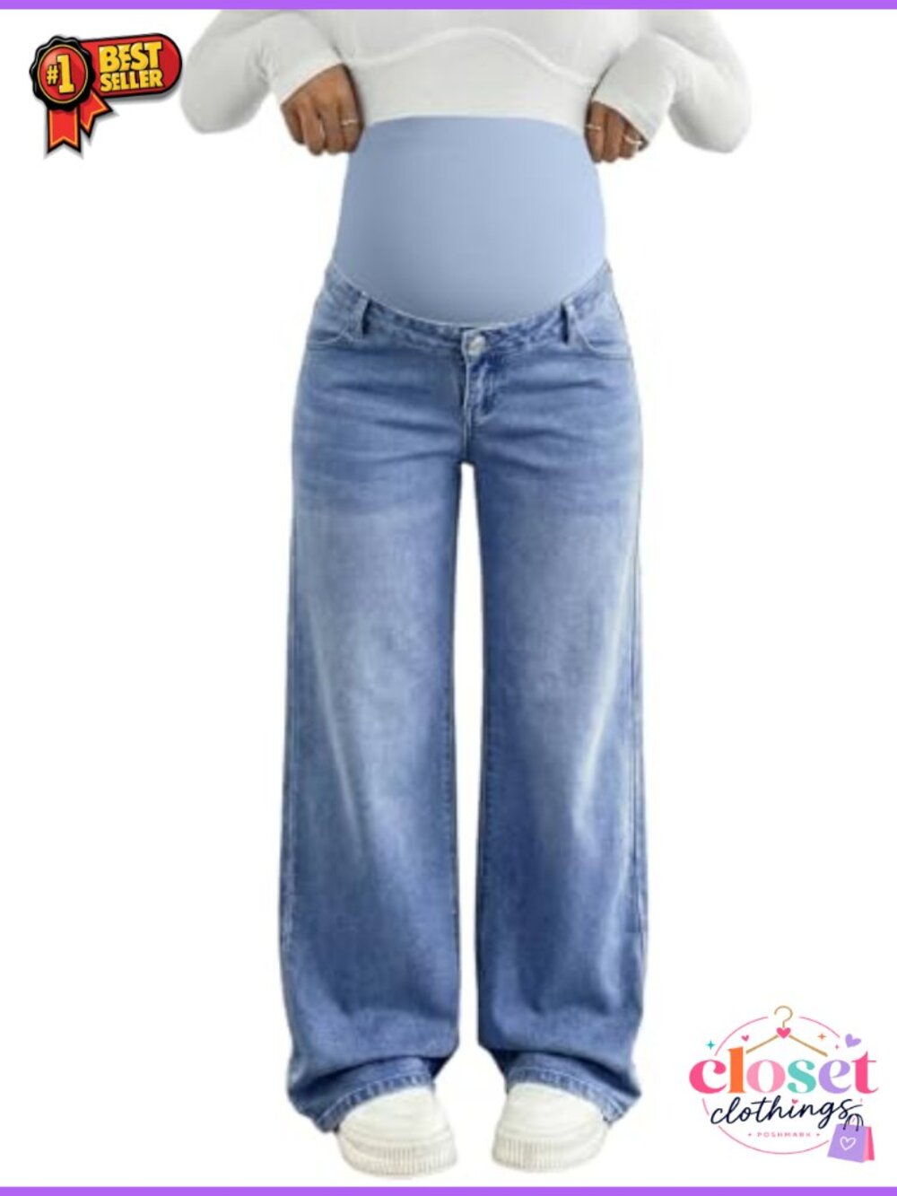 Maternity Wide Leg Jeans Over Belly Pregnancy Work Pants Cotton Blend